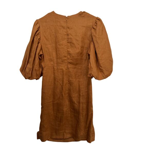 Dissh Mini Dress 100% Linen Puff Sleeves Brown Size 8